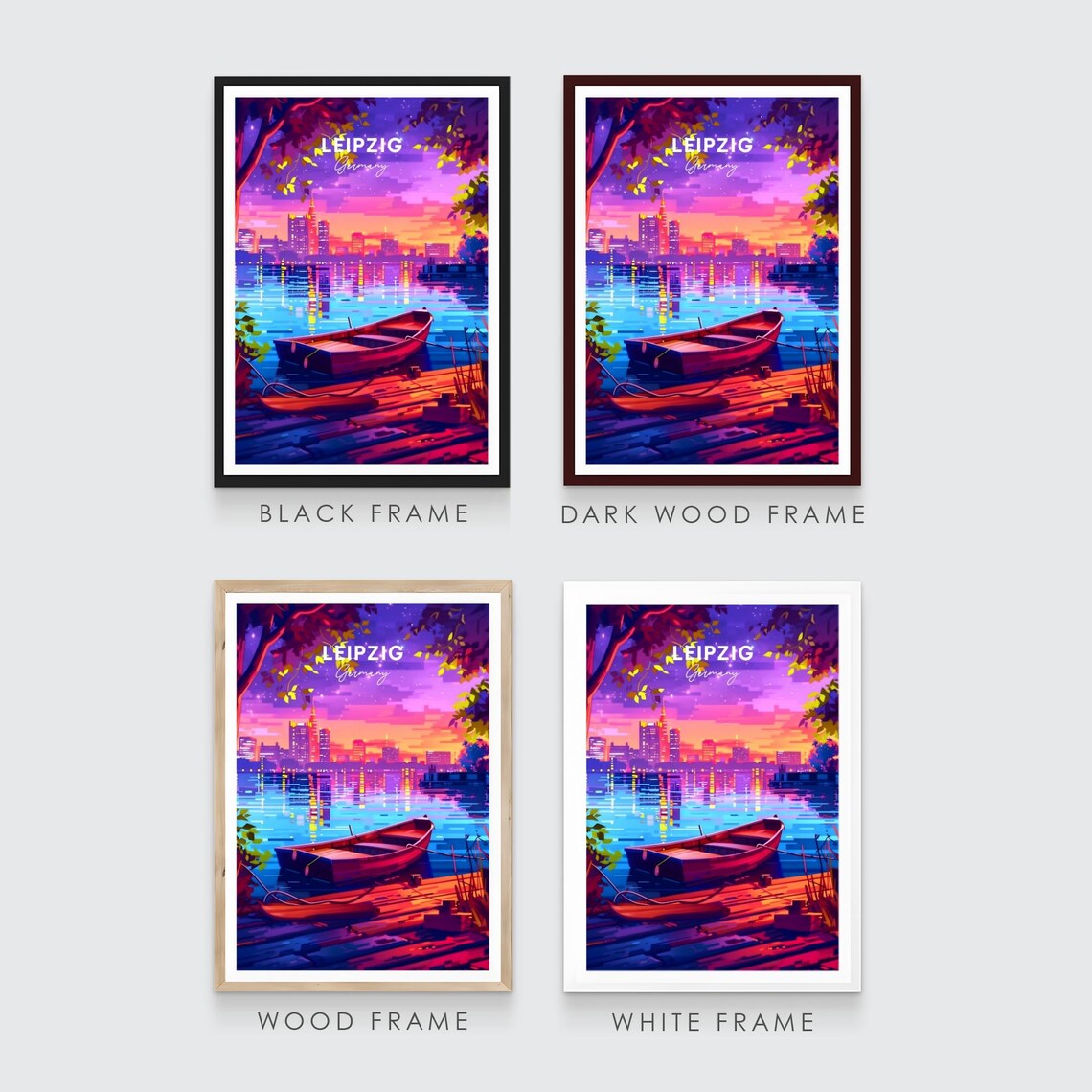 Leipzig Germany Night Lake Rowboat Neon City Skyline Travel Poster - Image 3