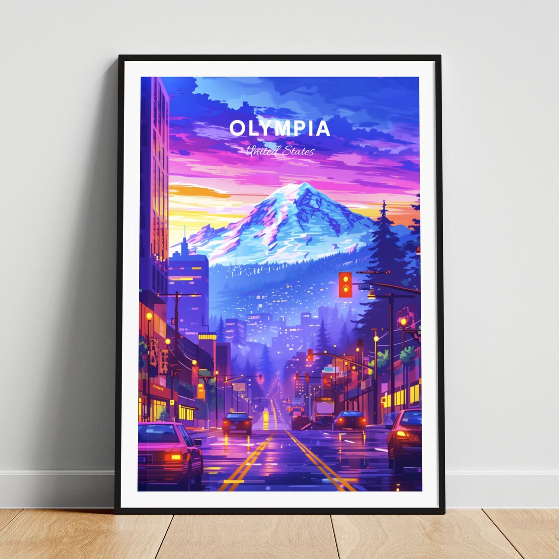 Olympia Washington Mountain Night Street Neon Vintage Travel Poster