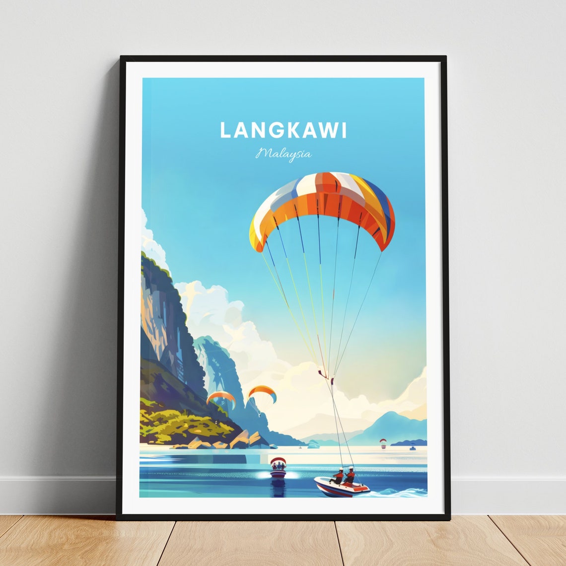 Langkawi Malaysia Parasailing Adventure Over Bay Scene Poster