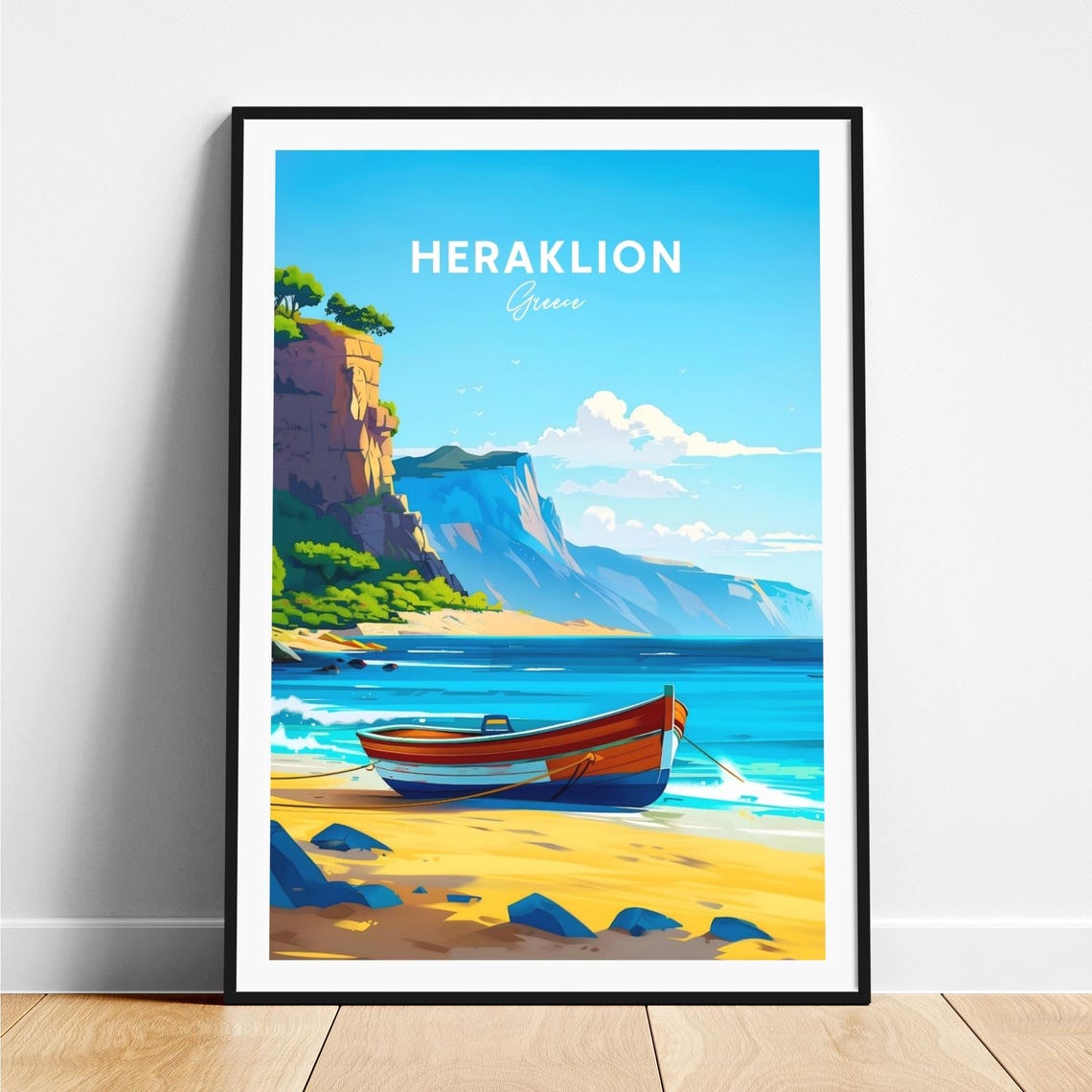 Heraklion Greece Fishing Boat Beach Cliffs Travel Art Poster