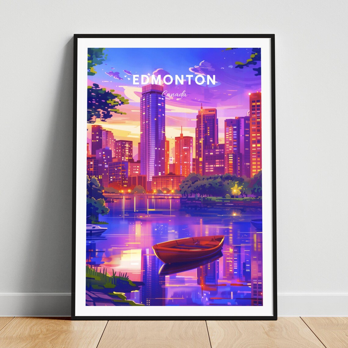 Edmonton Canada Purple Dusk Skyline River Reflection Travel Poster