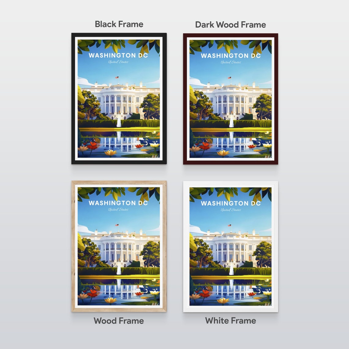 Washington DC White House Reflecting Pool Flowers Travel Poster - Image 2