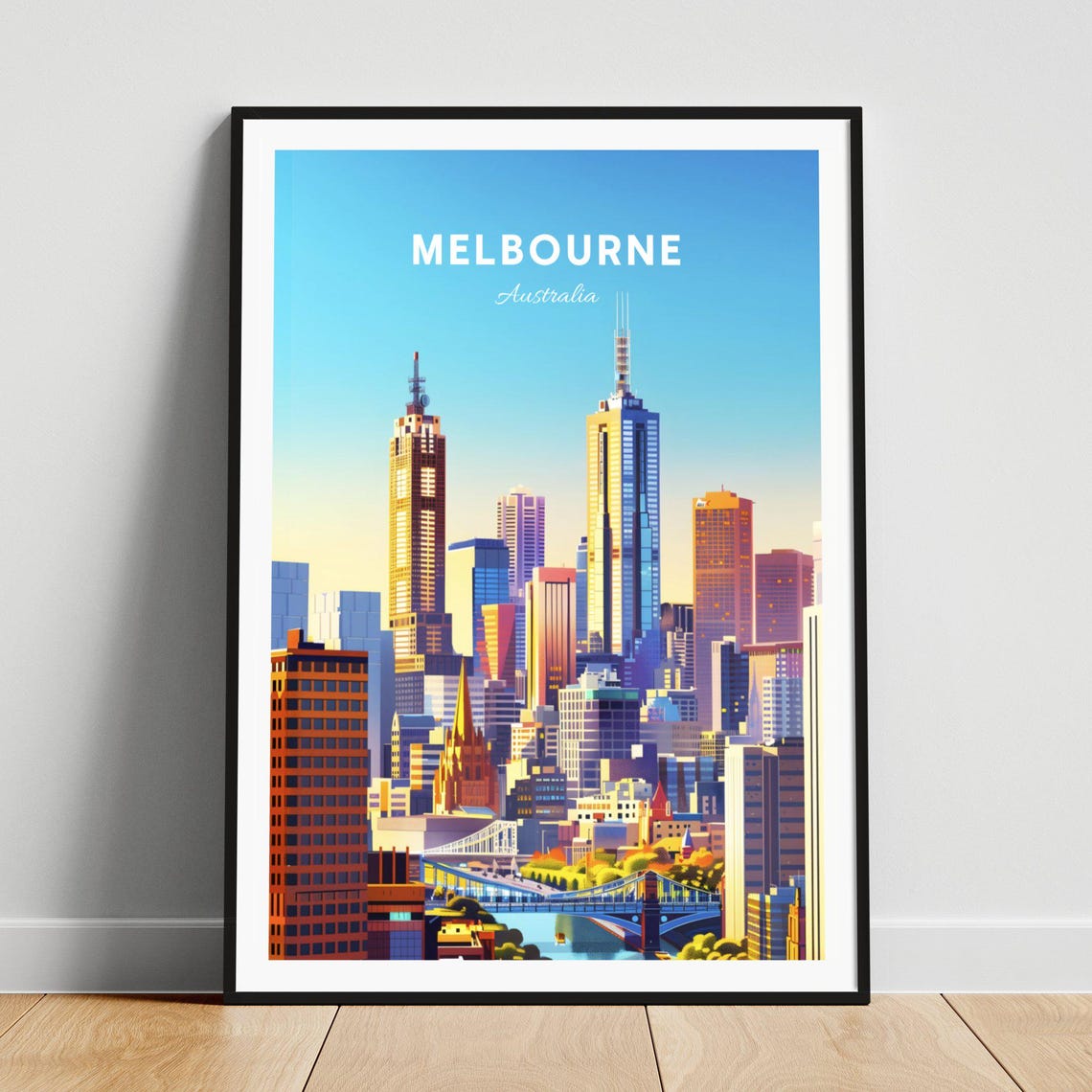 Melbourne Australia Downtown Skyline at Sunset Travel Poster