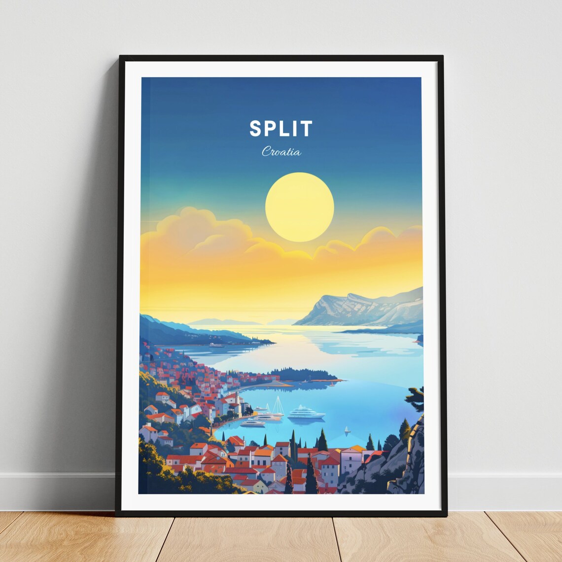 Split Croatia Aerial Bay Yachts Red Roof Town Golden Sunrise Poster
