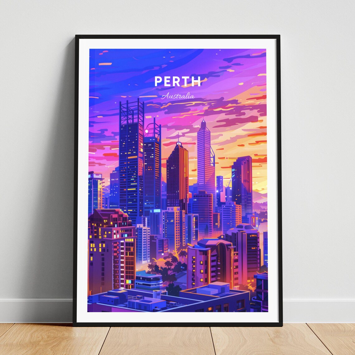 Perth Australia Neon Sunset Skyline City Lights Travel Poster