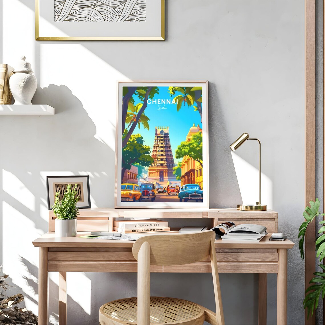 Chennai India Temple Tower Street Vintage Cars Travel Poster - Image 4