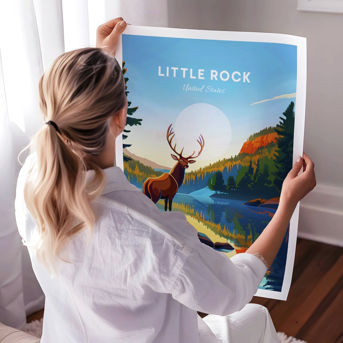 Little Rock Elk Standing by a Mountain Lake at Sunrise Poster - Image 3