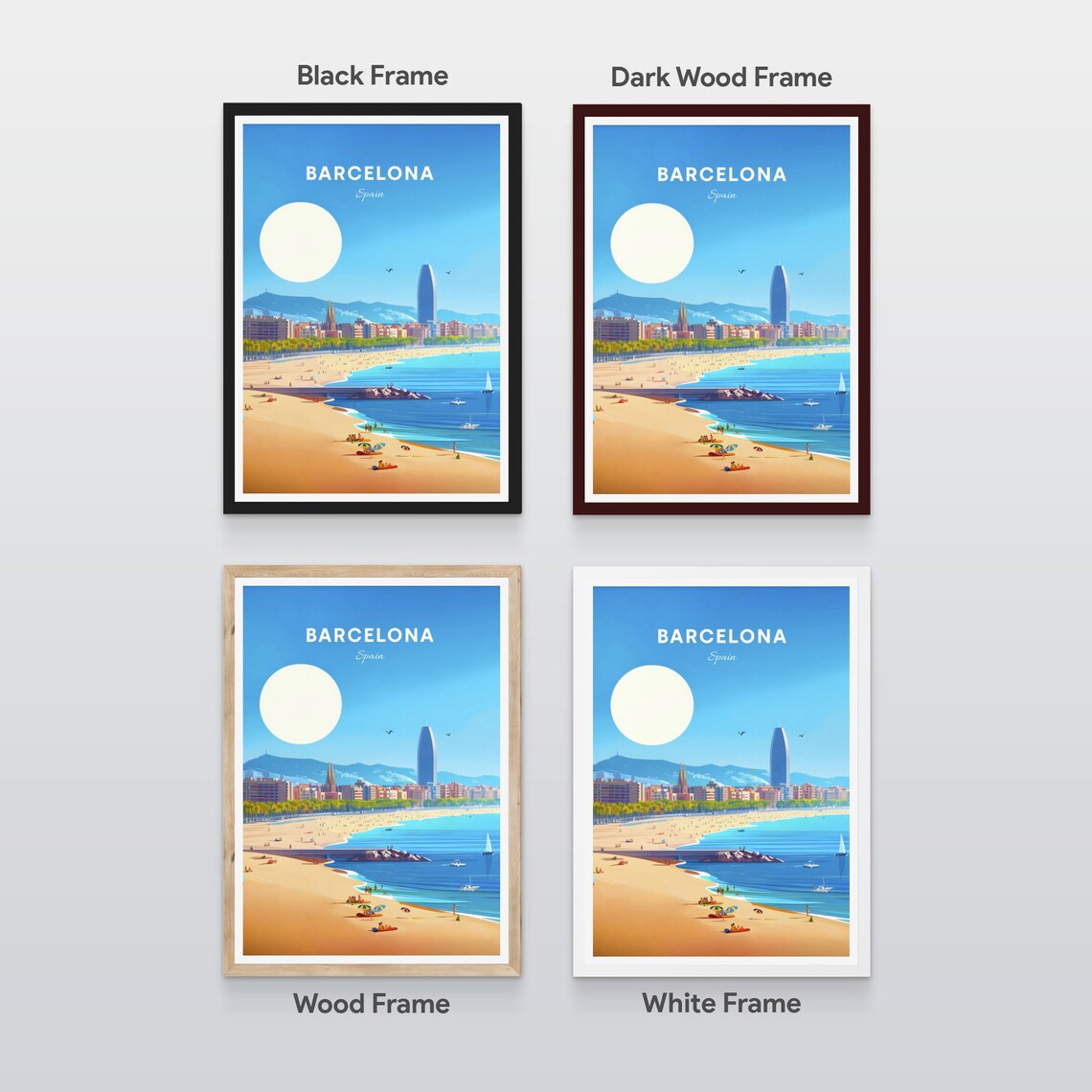 Barcelona Spain Sunny Beach City Skyline Glowing Sun Travel Poster - Image 2