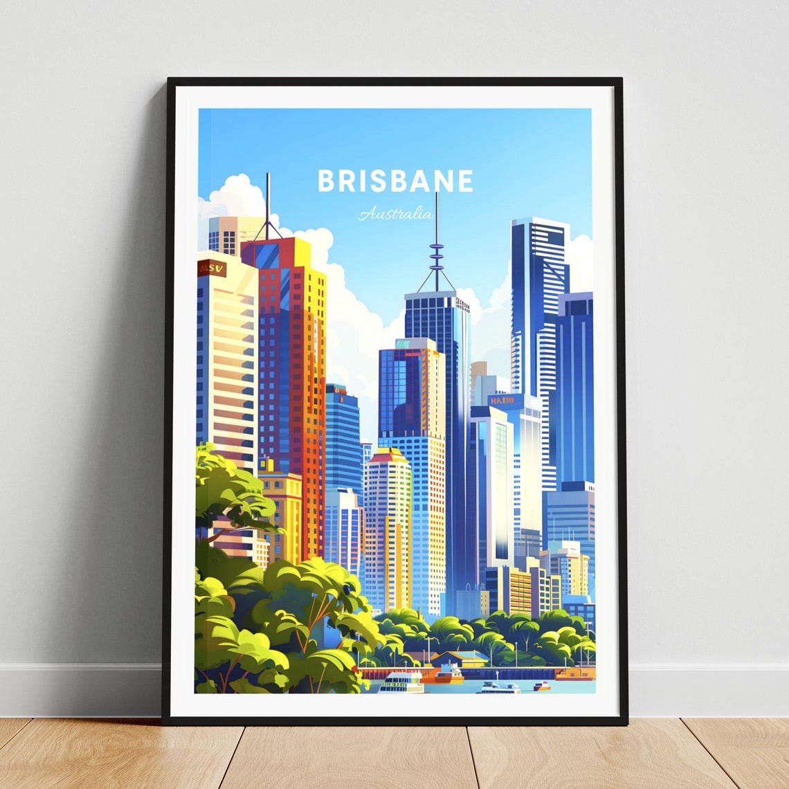 Brisbane Australia Daytime Skyline Green Trees River View Poster