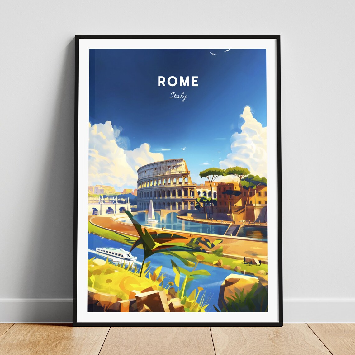 Rome Italy Colosseum Riverside Sunset Reflection View Travel Poster