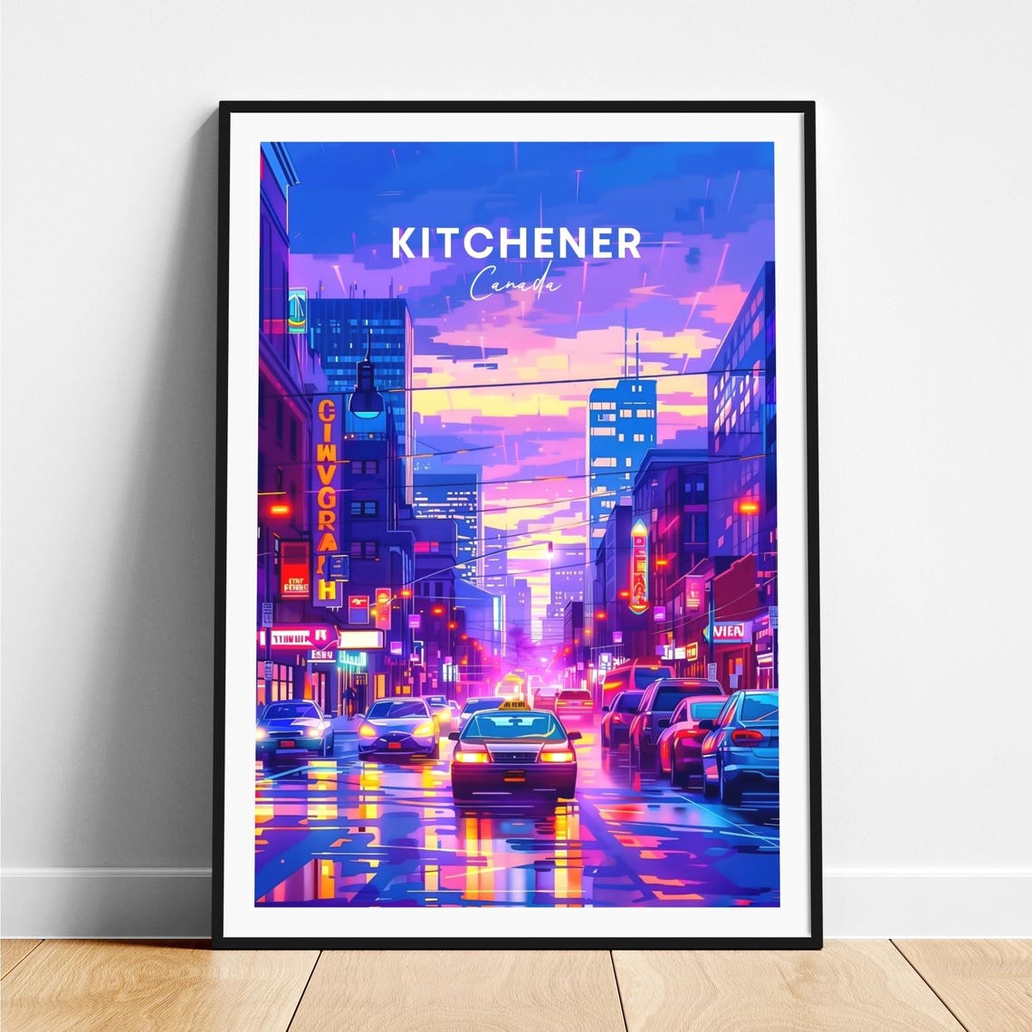 Kitchener Canada Neon Night Street Signs Vivid Traffic Glow Poster
