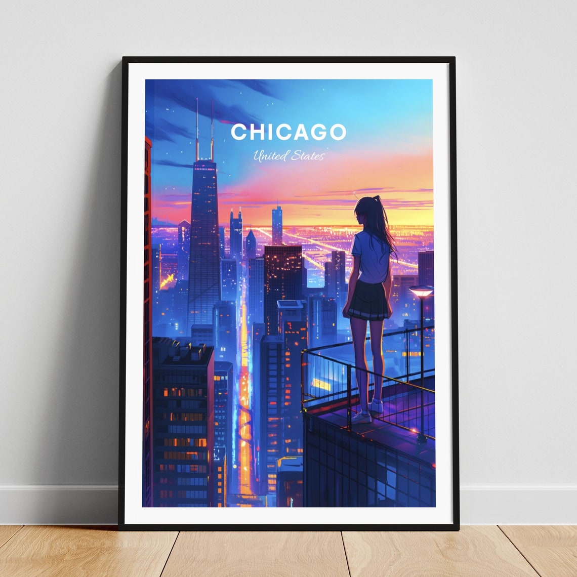 Chicago Illinois Rooftop View Sunset Skyline Anime Style Travel Poster