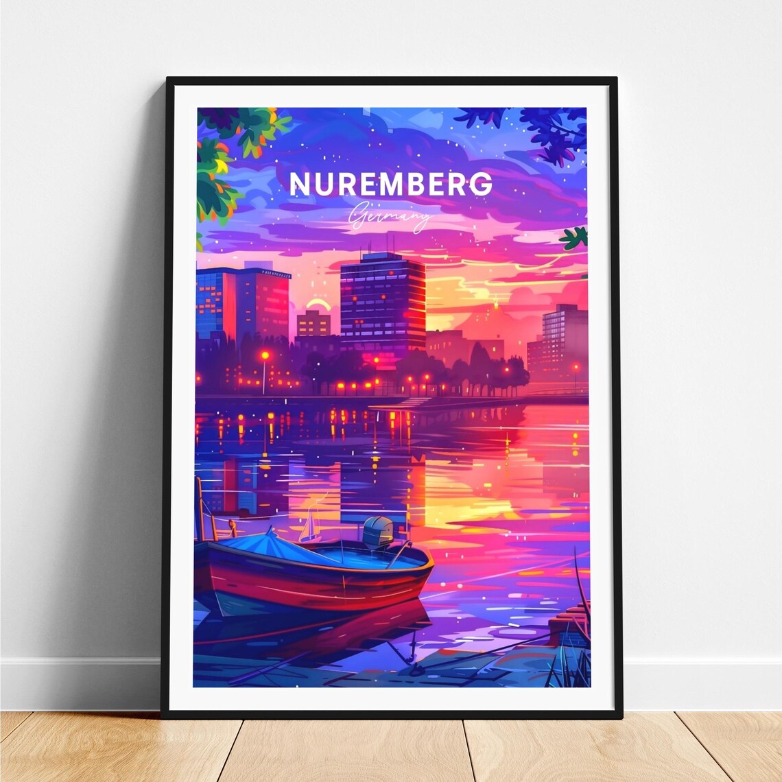 Nuremberg Germany City Skyline Sunset Boat River View Art Poster
