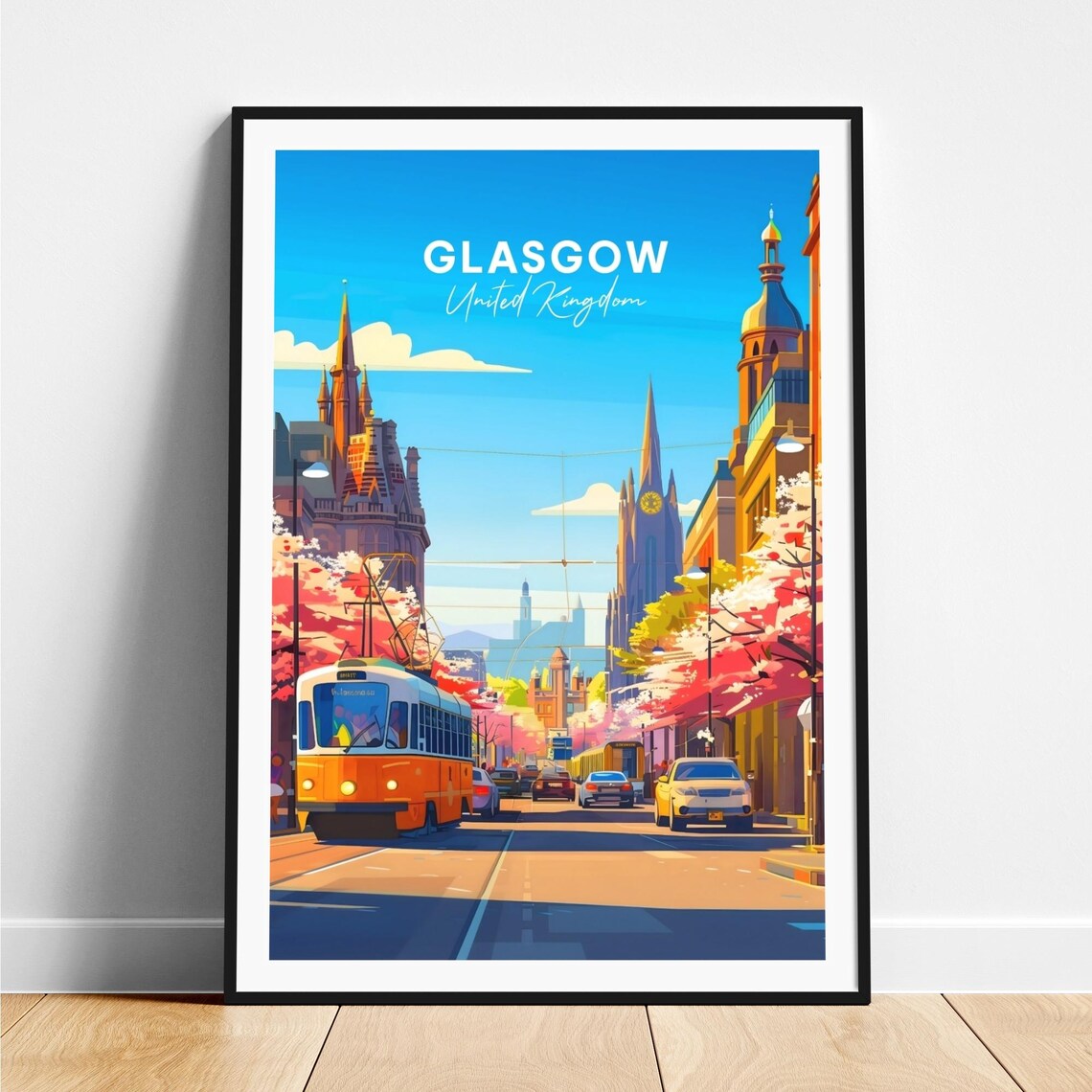 Glasgow Vintage Tram Street Blossom Spires City Travel Poster