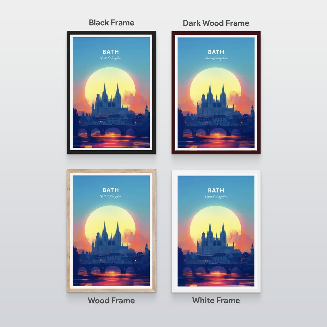 Bath Abbey Riverside Sunset Stone Bridge Silhouette Art Poster - Image 2