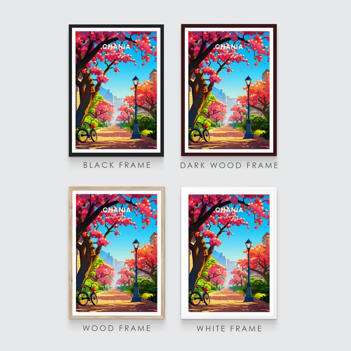 Chania Greece Cherry Blossom Avenue Bicycle Spring Travel Poster - Image 3