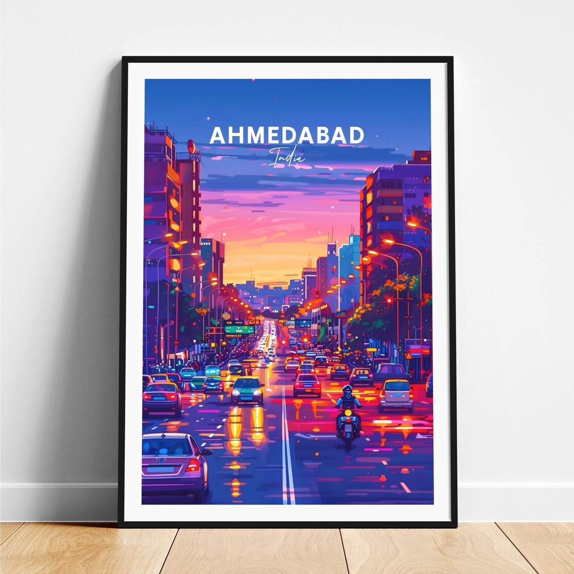 Ahmedabad India City Street at Dusk in Neon Light Travel Poster