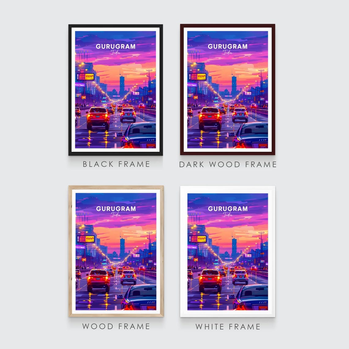 Gurugram India Highway Traffic at Dusk in Neon Glow Travel Poster - Image 3