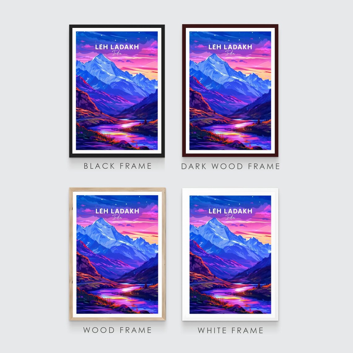 Leh Ladakh India Purple Sunset Peaks River Travel Poster Art - Image 3