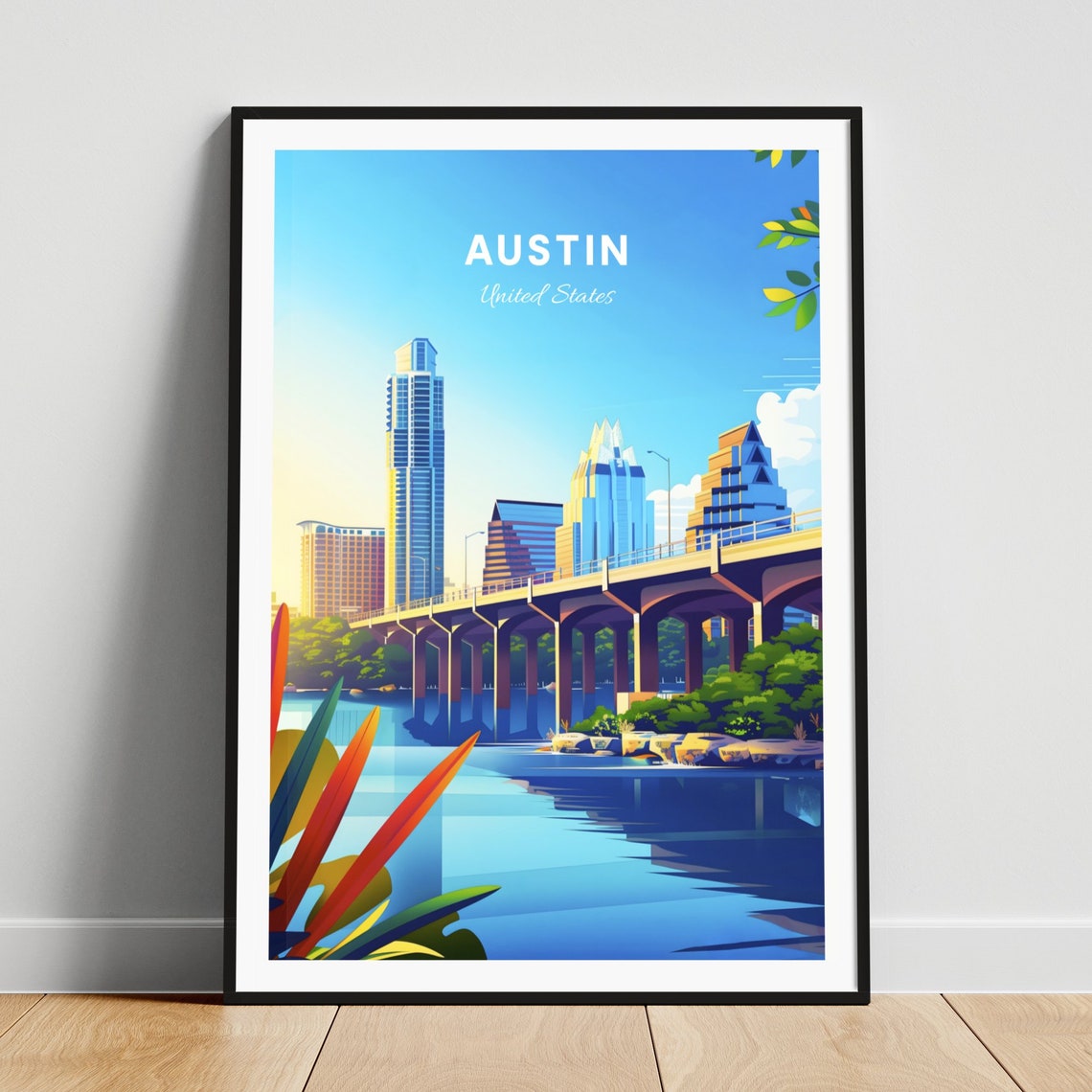 Austin Texas Downtown Skyline Bridge River Evening Travel Poster