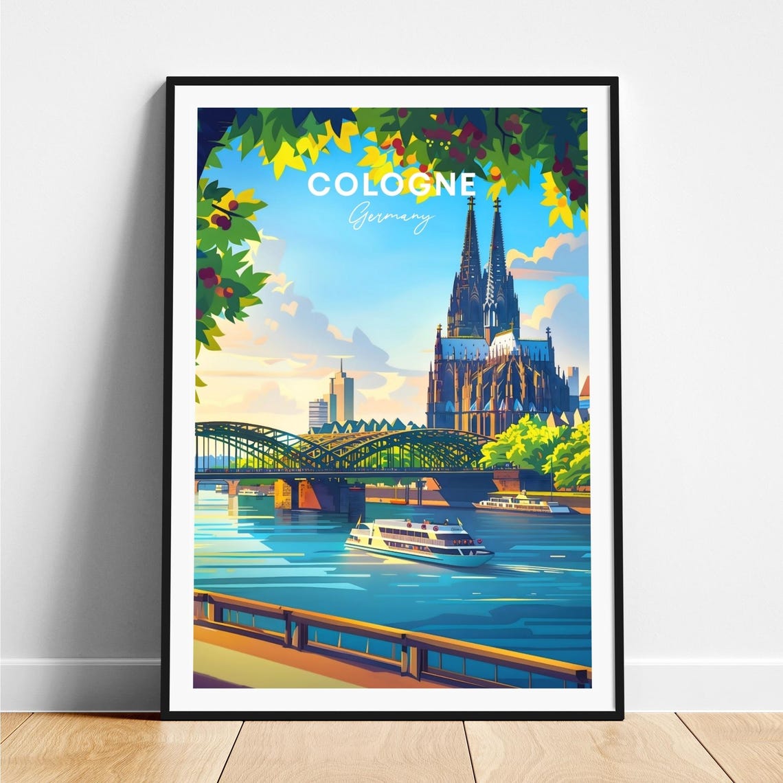 Cologne Cathedral River Bridge Rhine Sunset Germany Travel Poster