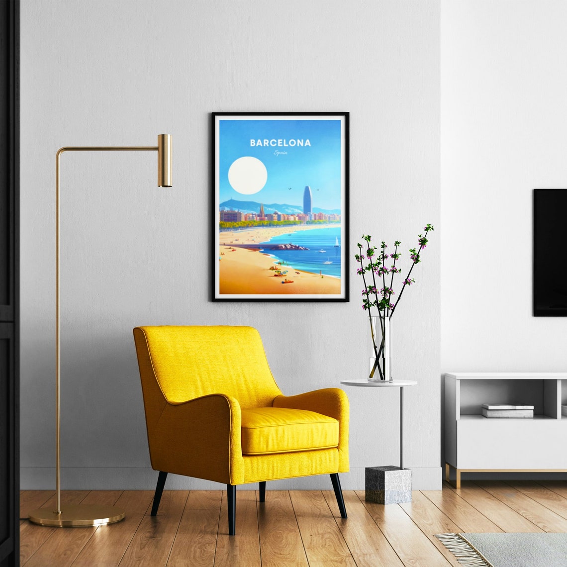 Barcelona Spain Sunny Beach City Skyline Glowing Sun Travel Poster - Image 3