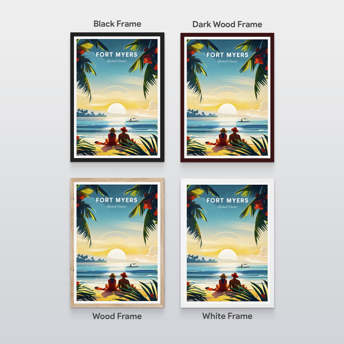 Fort Myers Florida Beach Sunrise Couple Palm Trees Travel Poster - Image 2