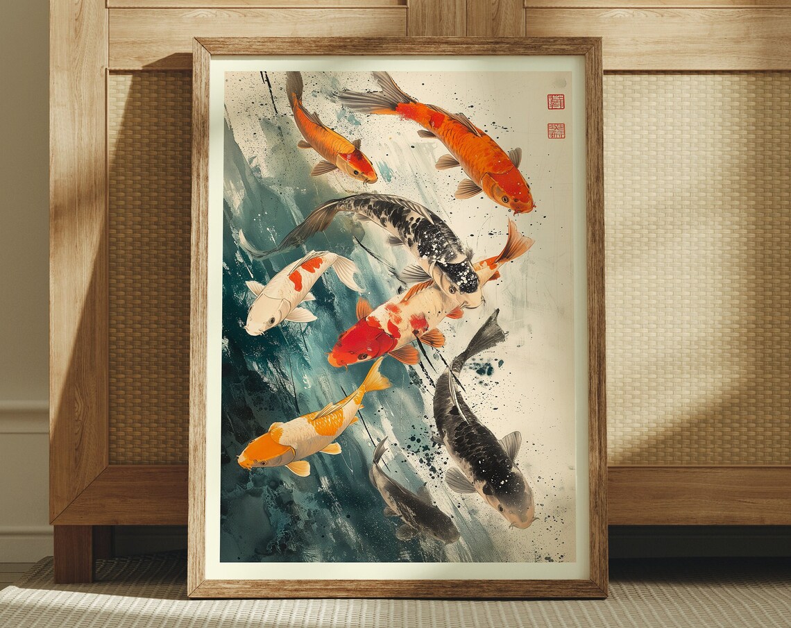 Japanese Koi Fish Watercolor Painting Seven Koi Pond Art Poster