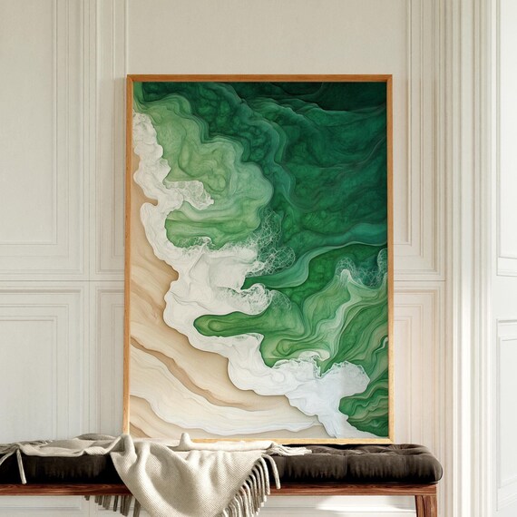 Sage Green Beige Abstract Ocean Waves Textured Coastal Modern Wall Art
