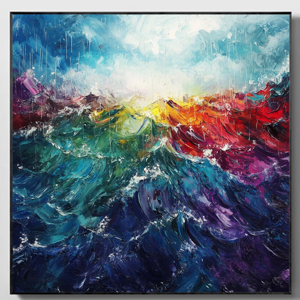 Colorful Rainbow Ocean Waves Abstract Impasto Seascape Art Poster