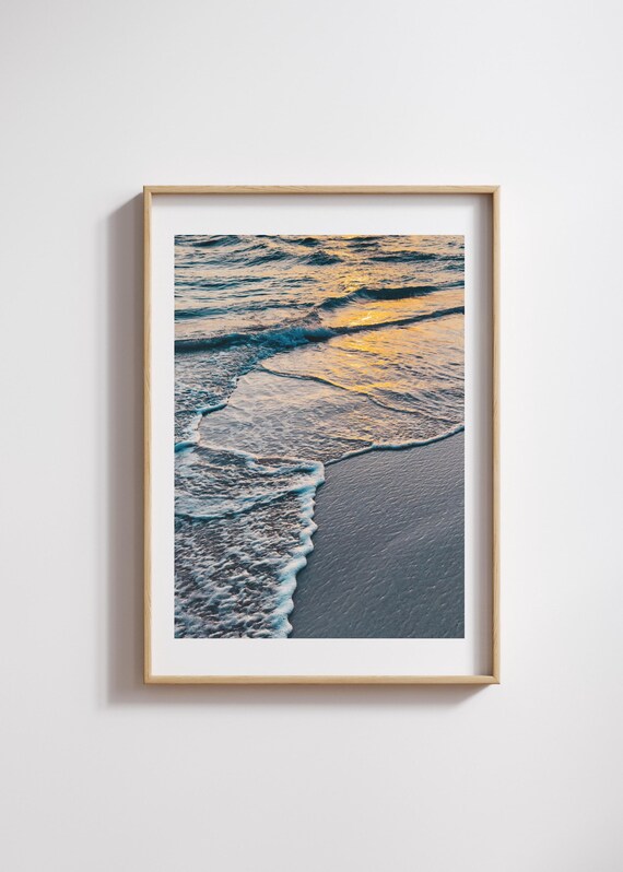 Golden Sunset Ocean Waves Foamy Shore Beach Photography Poster