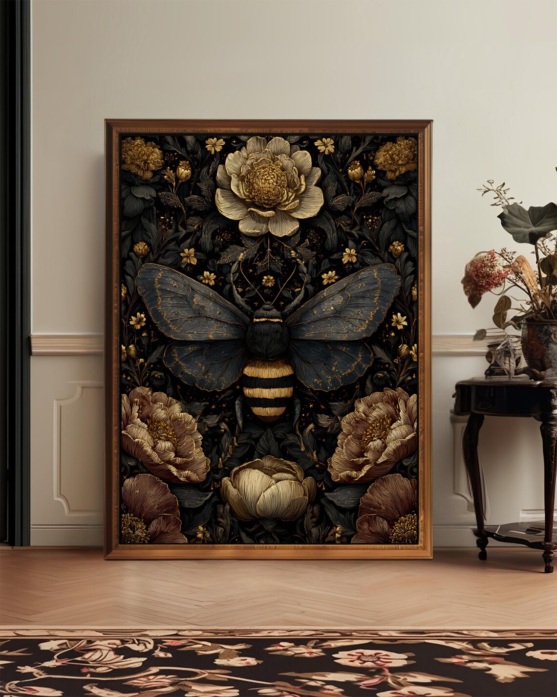 Dark Botanical Bee Moody Vintage Floral Insect Garden Art Poster