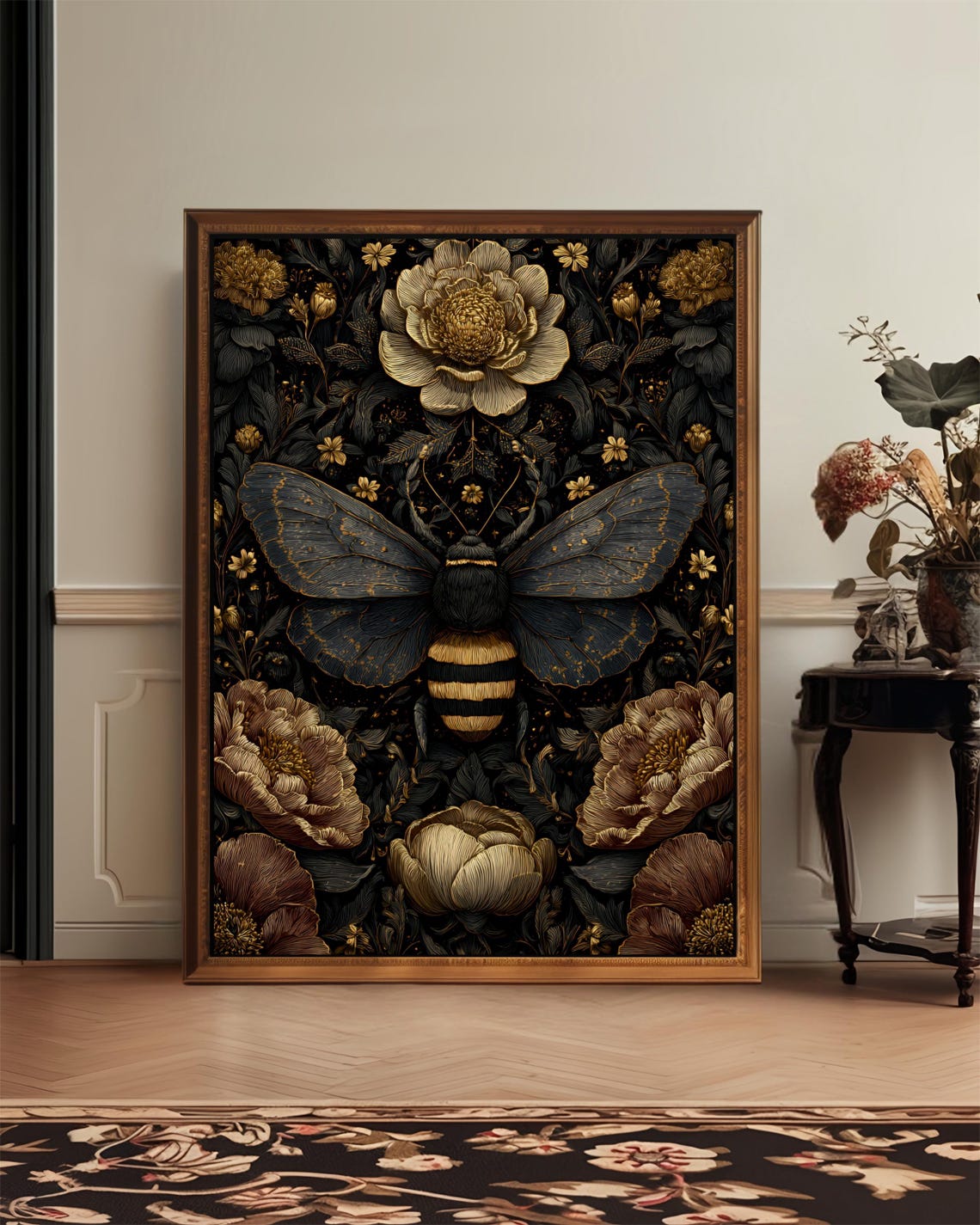 Dark Floral Botanical Bee Print Vintage Insect And Flower Poster