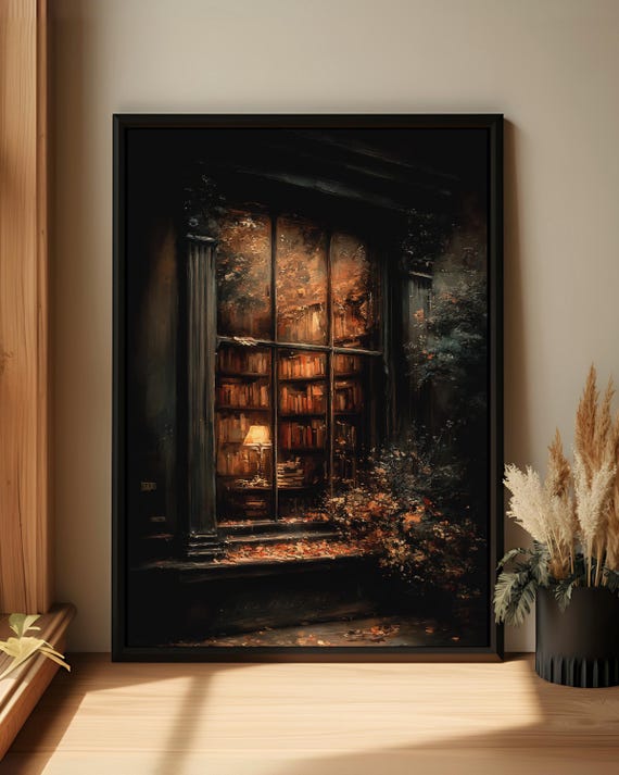 Library Wall Art Moody Book Lover Window Canvas Print Dark Academia Decor