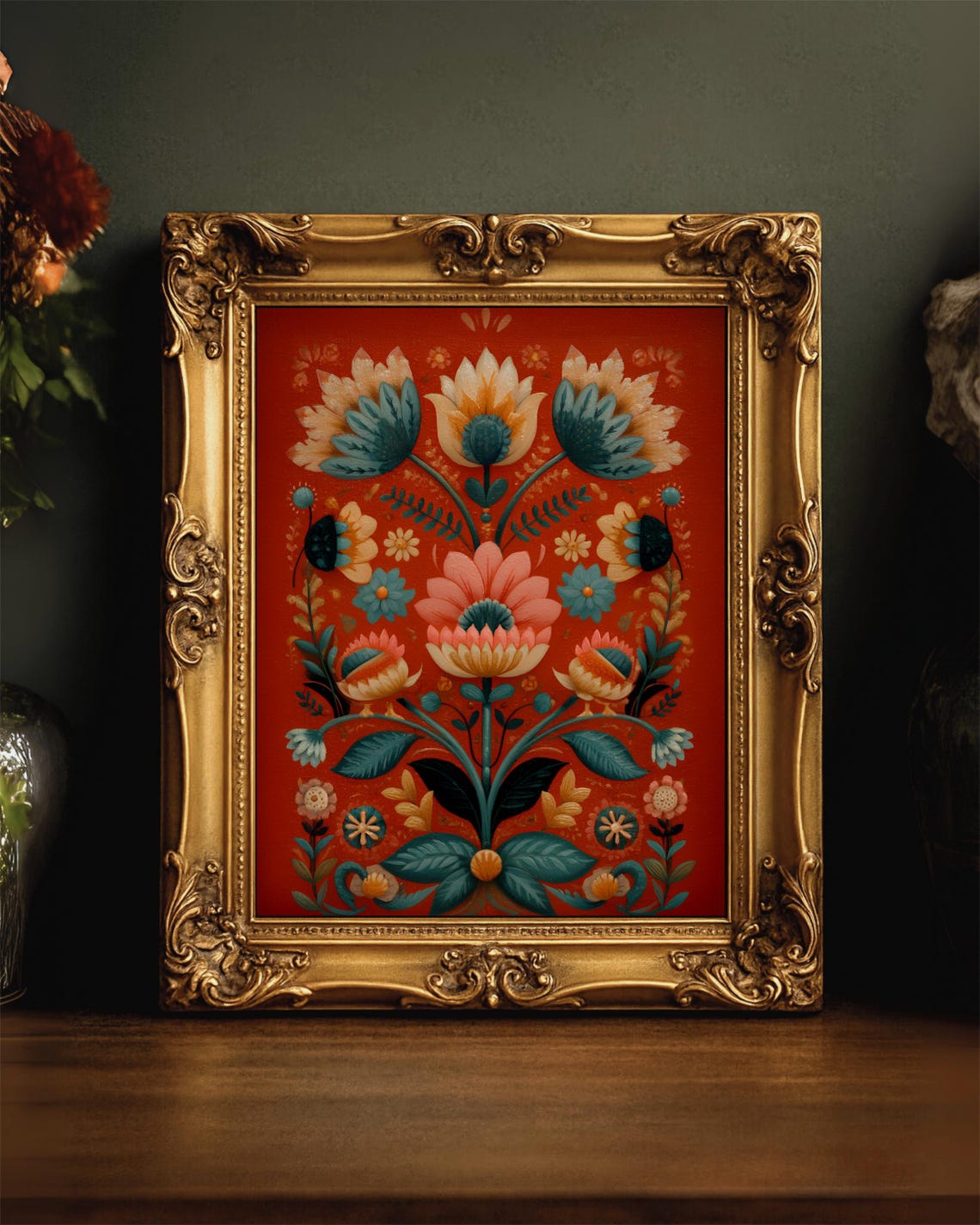 Folk Floral on Red Background Teal and Cream Blooms Art Poster
