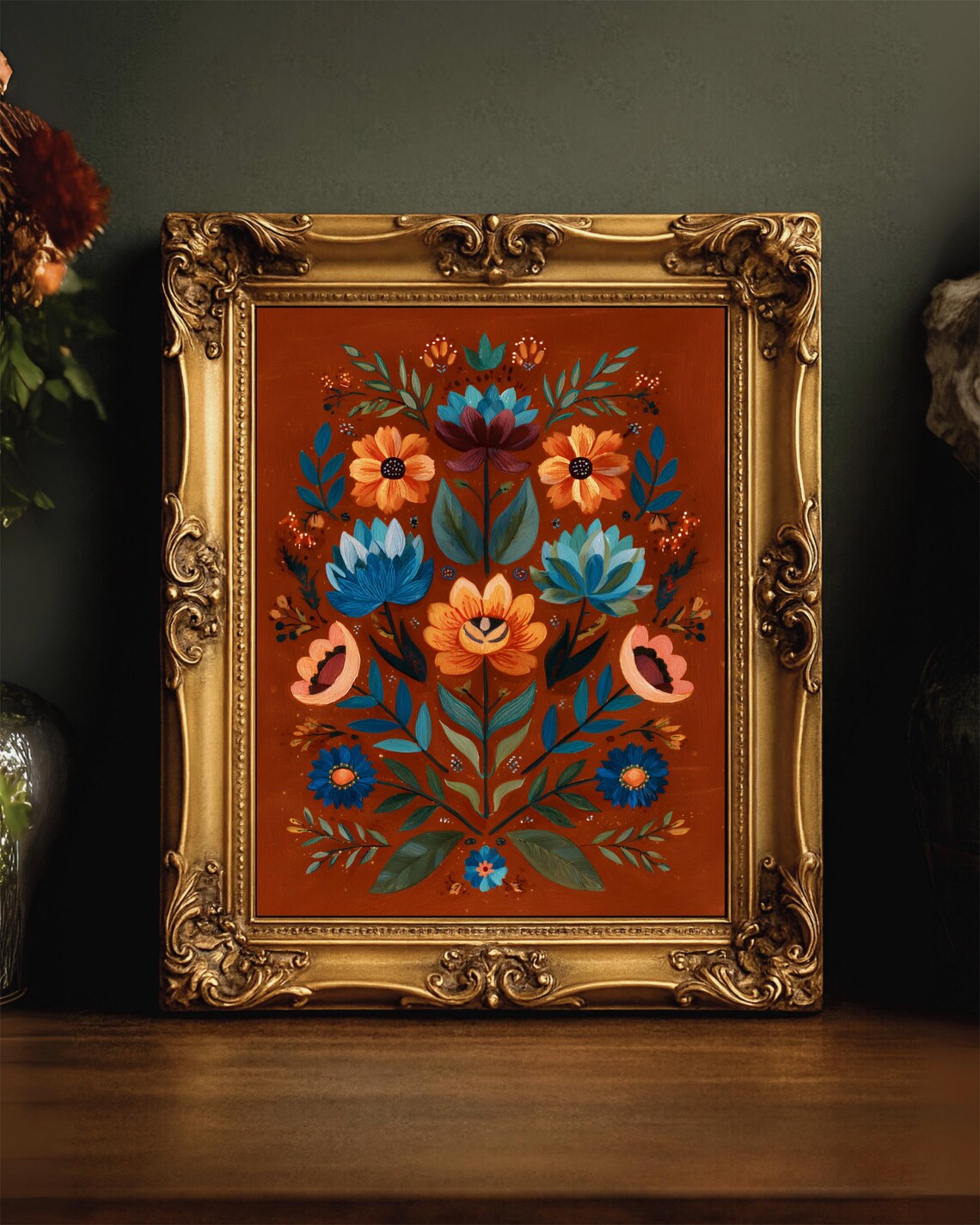 Folk Floral Bouquet on Burnt Orange Vintage Botanical Art Poster