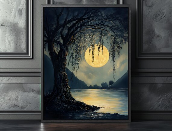 Full Moon Over the Calm Lake Willow Tree Moody Night Sky Poster