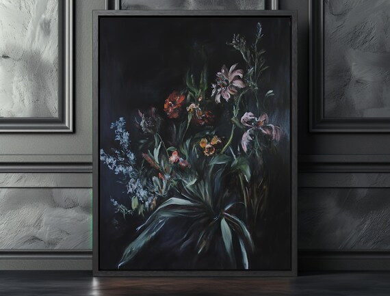 Dark Romantic Bouquet of Wildflowers Moody Oil Painting Style Art Poster