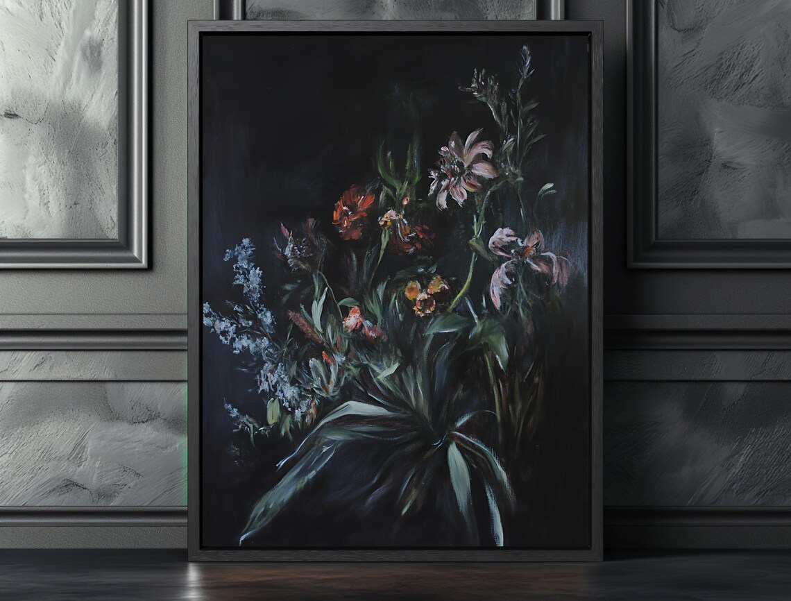 Dark Romantic Bouquet of Wildflowers Moody Oil Painting Style Art Poster