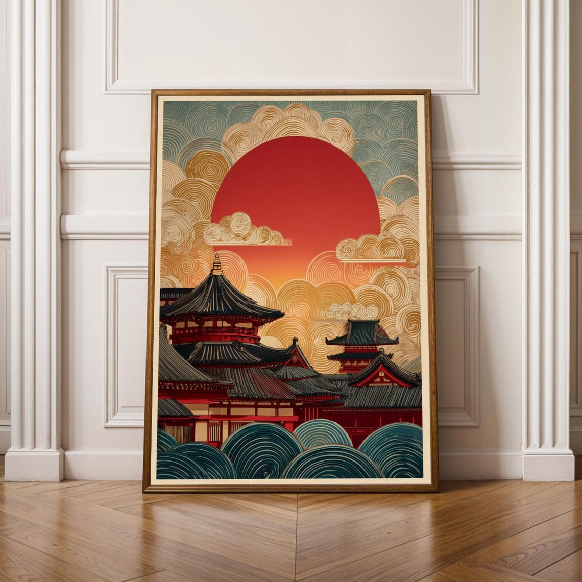 Japanese Temple Roofs Under a Giant Red Sun Oriental Art Poster
