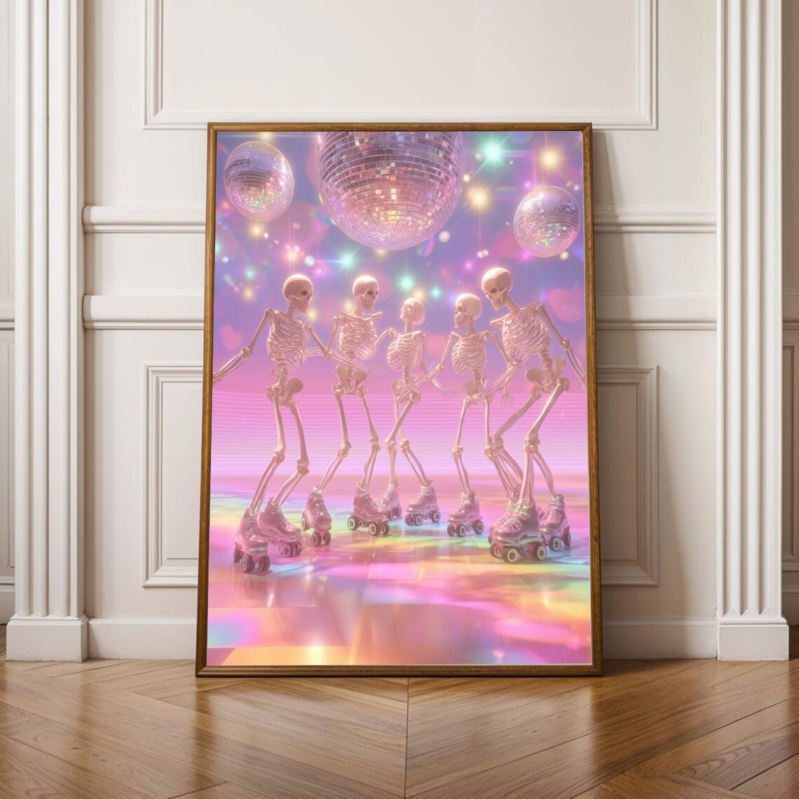 Pink Disco Skeleton Roller Skating Party Pastel Halloween Poster