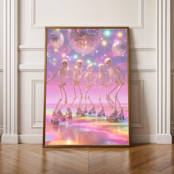 Skeletons Roller Skating Poster Halloween Wall Art Pink Purple Blue And Yellow Surreal Print Retro Disco Decor For Living Room