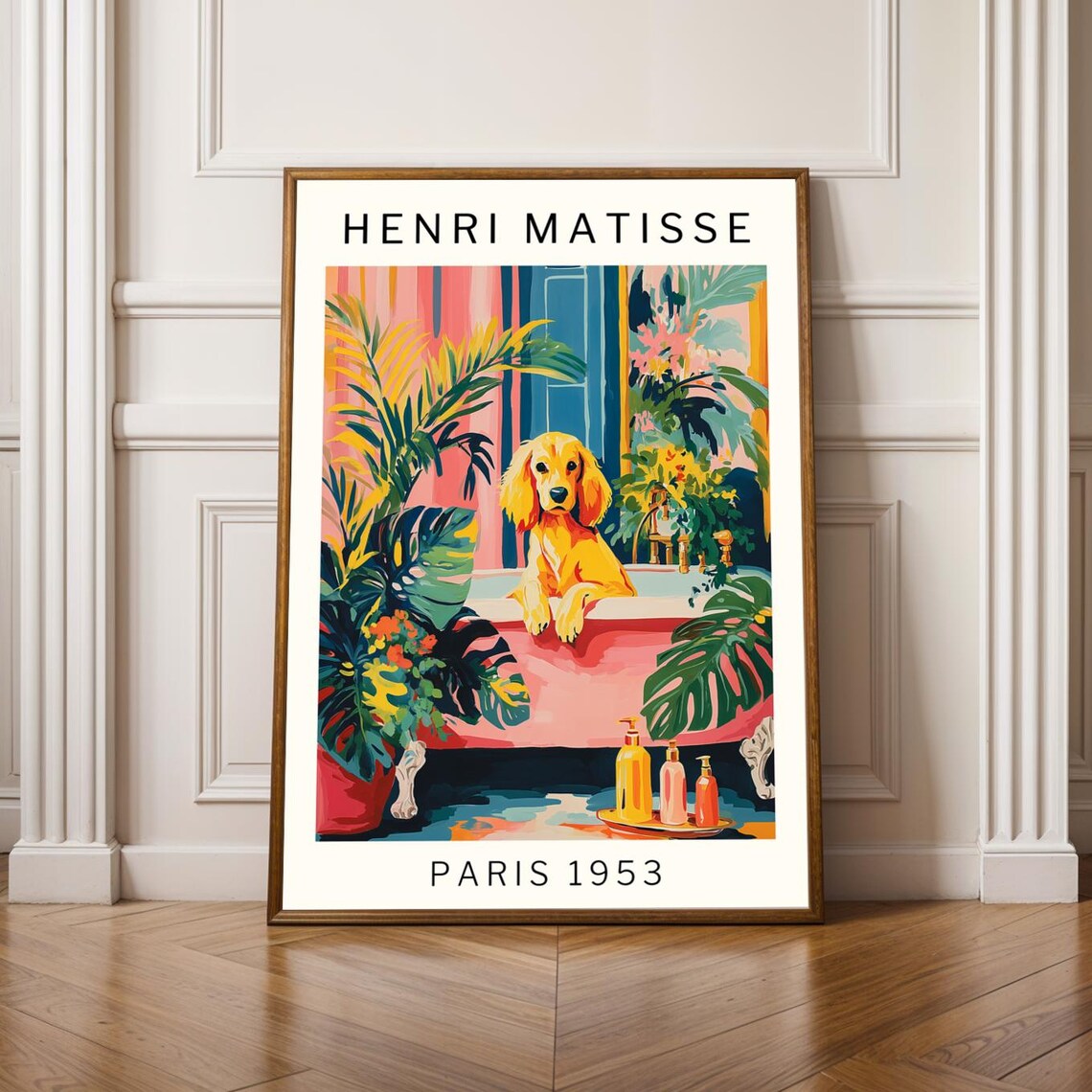 Henri Matisse Style Golden Retriever Puppy Pink Bathtub Poster