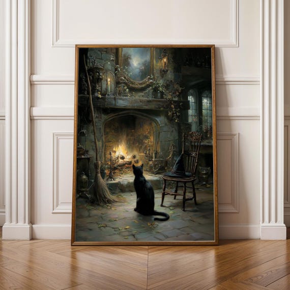 Black Cat Witchy Halloween Art Print, Goth Decor