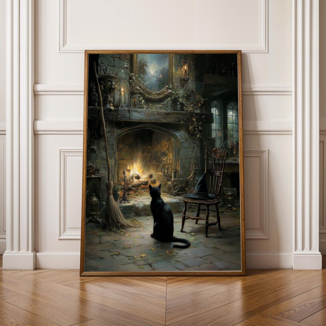 Black Cat Witchy Halloween Art Print, Goth Decor