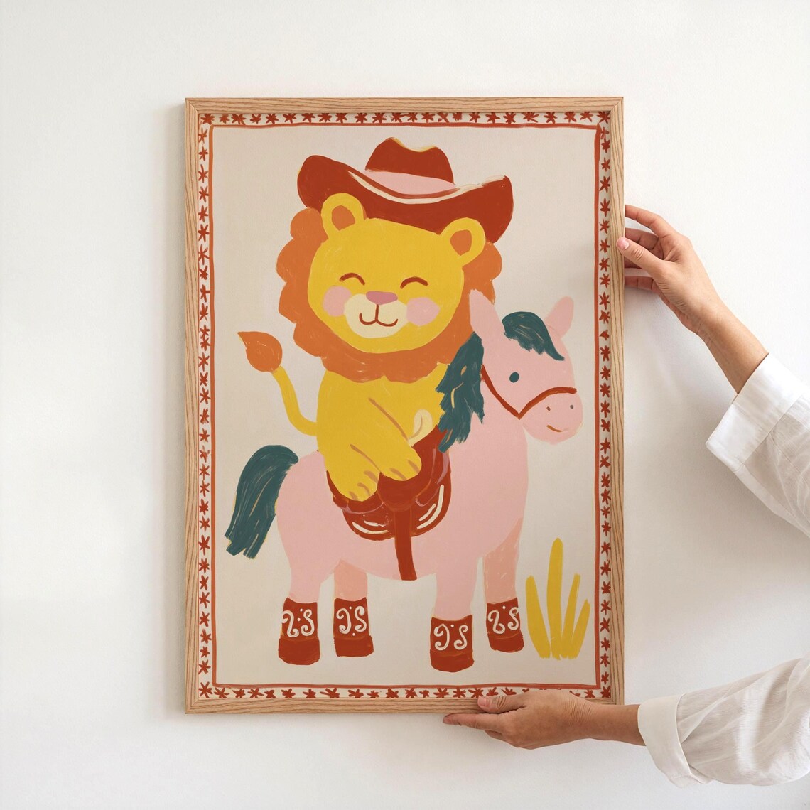 Happy Cowboy Lion Riding Pink Horse Western Nursery Kids Poster