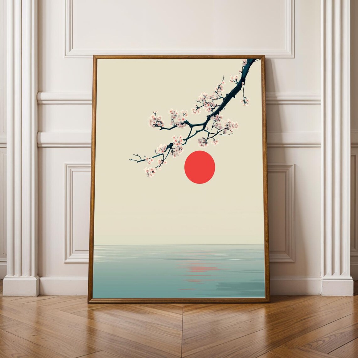 Minimalist Japanese Red Sun and Cherry Blossom Branch Art Poster