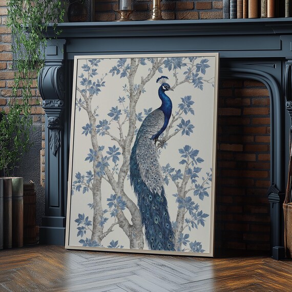 Chinoiserie Peacock Artwork Elegant Blue Bird Illustration Timeless Art For Home Decor
