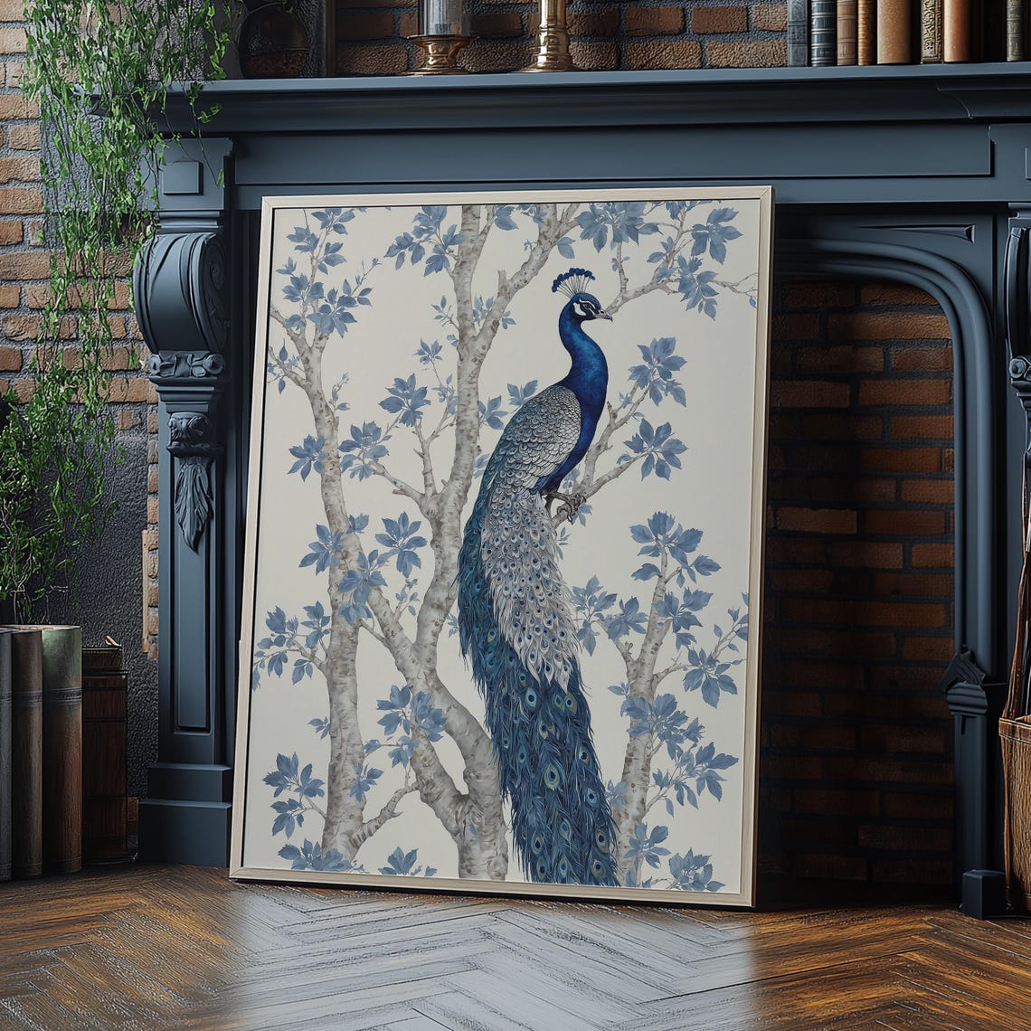 Blue Peacock on Blossoming Branch Elegant Chinoiserie Art Poster
