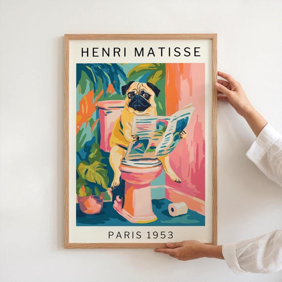 Funny Dog On Toilet Poster Matisseinspired Pug Tropical Bathroom Wall Art Print Island Luxe Decor